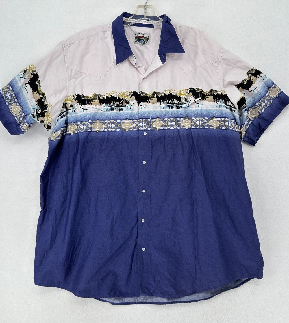 Vintage Cumberland Outfitters Mens Colorblock Horses Western Snap Shirt Sz 3X